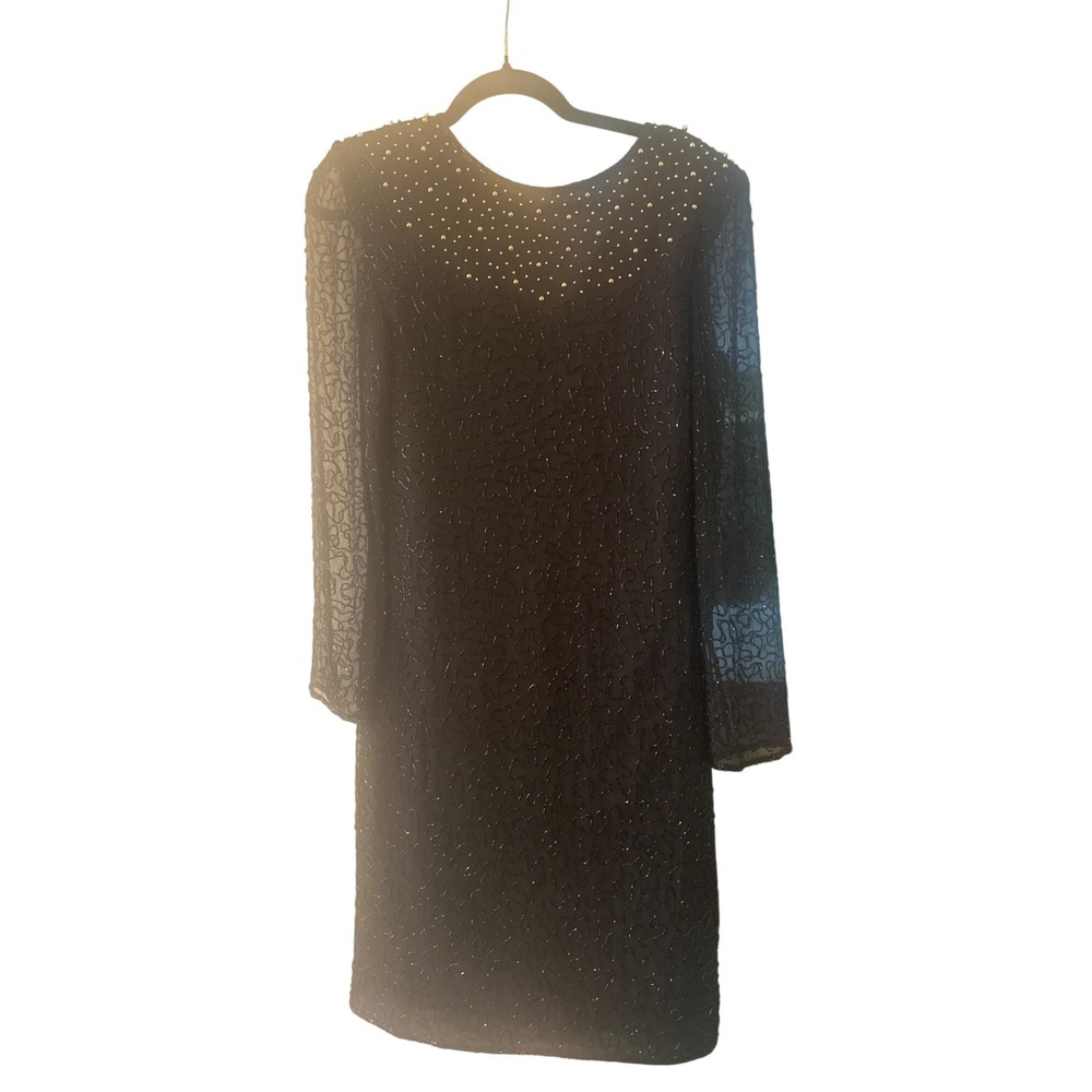 Beaded Drama Black Dress Lined V-Back Long‎ Sleeves Beaded Embellishment Size 8